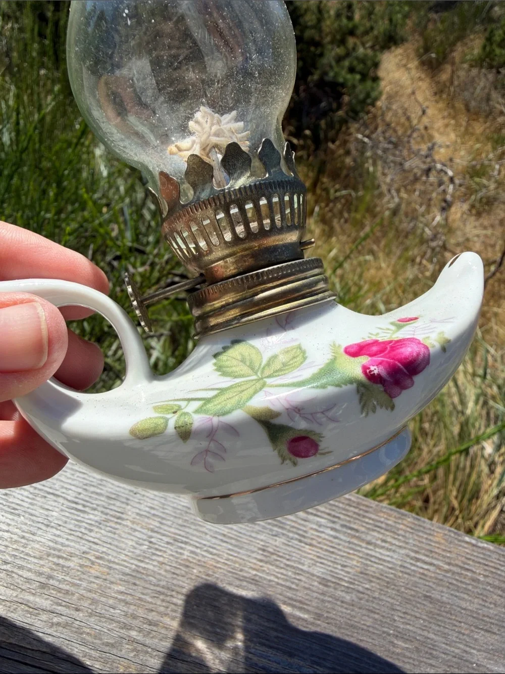 Vintage Mini Floral Porcelain Oil Lamp - Pink Rose